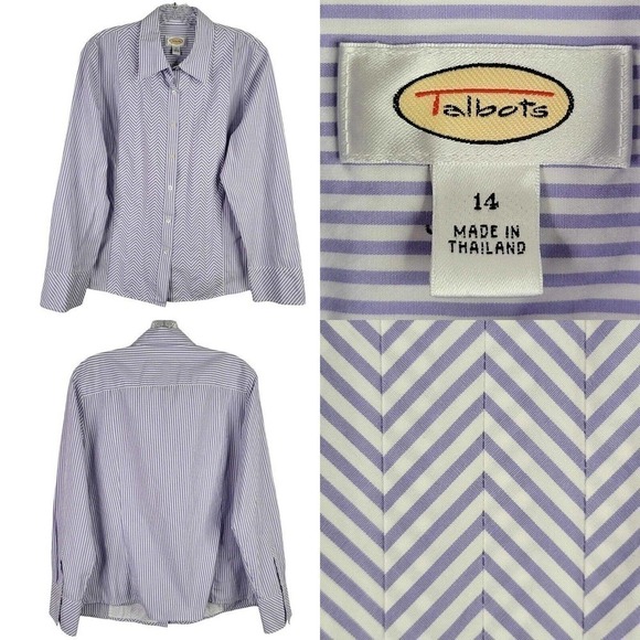 Talbots Womens Size 14 Button Up Shirt Purple White Chevron Cotton - Picture 1 of 8